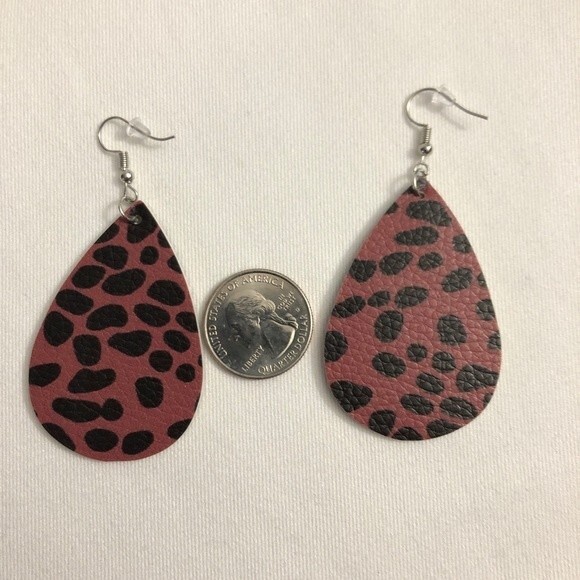 Taupe Animal Print PU Leather Teardrop Earrings - Picture 2 of 4
